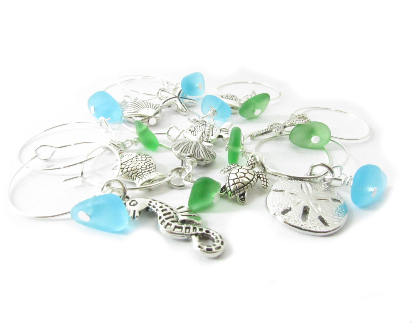 Handmade sea glass wine charm set of 10 with nautical starfish, turtle and shell silver pendants