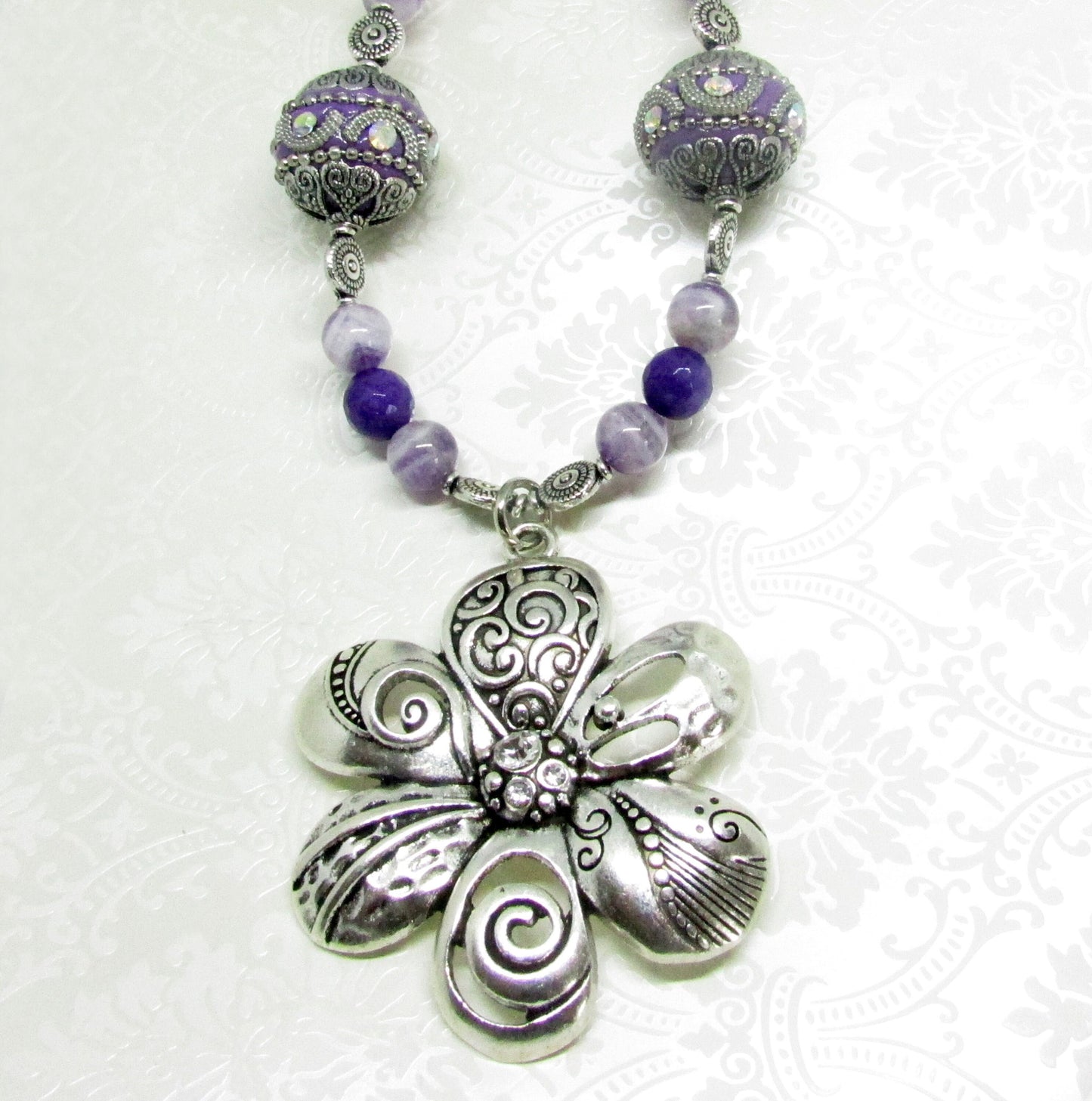 Purple Flower Curtain Tiebacks – Amethyst Bead Shabby Chic Window Decor, Handmade Set of 2