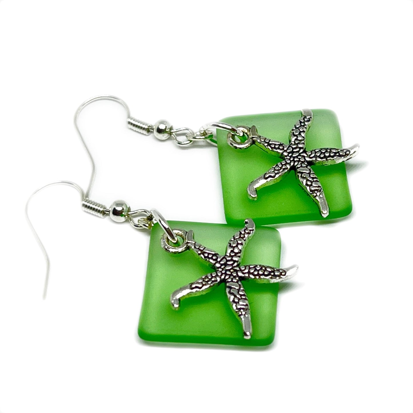 Sea Glass Starfish Earrings – Ocean Blue or Green Dangle Drop, Handmade Coastal Beach Gift