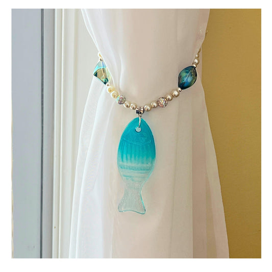 Fish Curtain Tiebacks – Pearl Bead & Glass Fish Pendant Coastal Home Decor, Handmade Set of 2