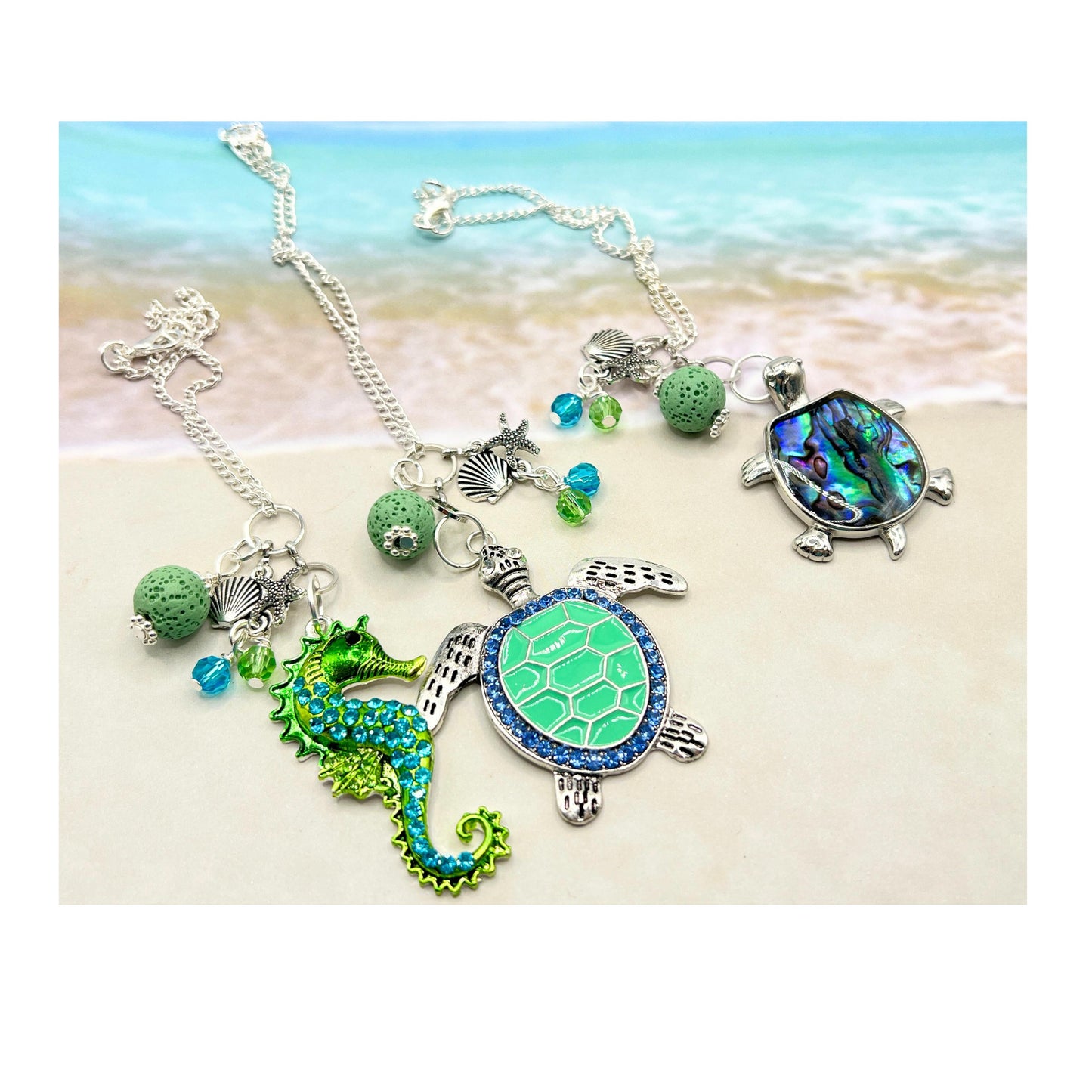 Sea Turtle Car Charm – Rhinestone Rear View Mirror Diffuser with Green Lava Bead, Choose Your Design