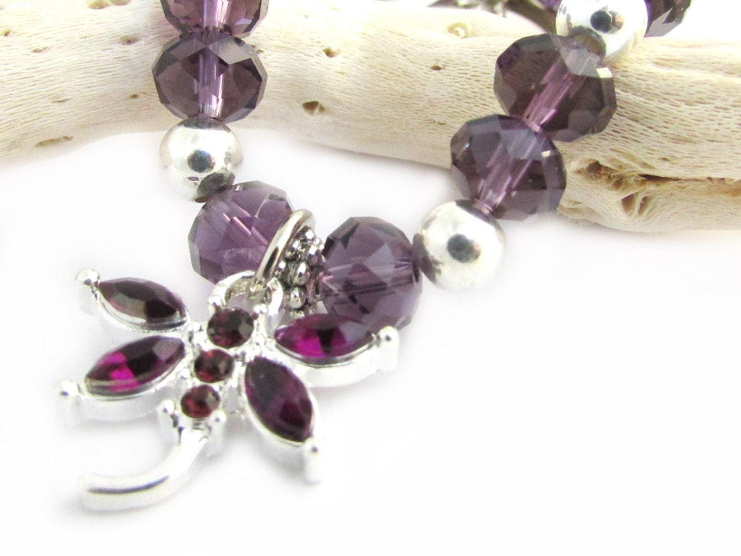 Purple Dragonfly Crystal Keychain Bracelet – Beaded Wrist Lanyard, Handmade Gift for Her