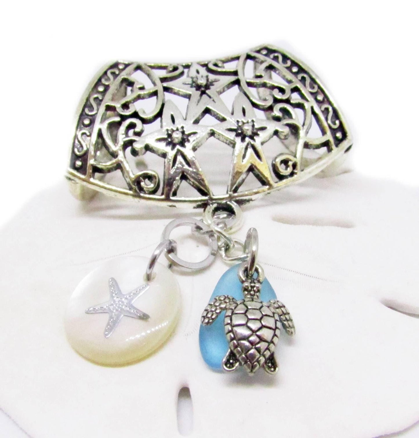 Seashell Scarf Slide – Sea Turtle, Starfish & Blue Sea Glass Coastal Scarf Jewelry