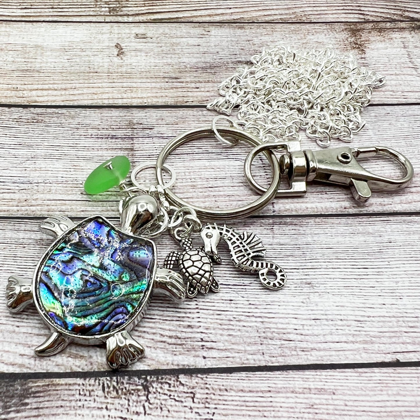 Sea Turtle Eyeglass Lanyard – Sea Glass & Abalone Shell Coastal Necklace Holder, Gift for Her