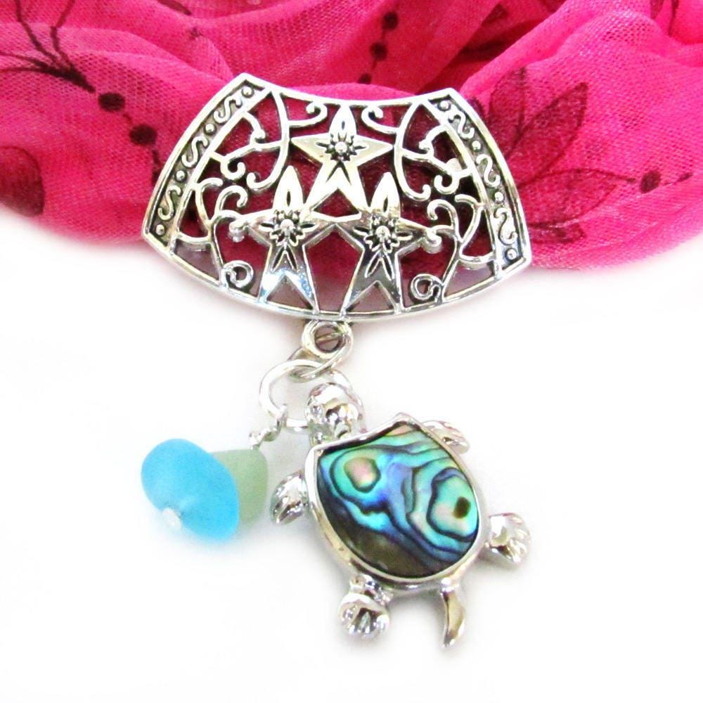Handcrafted turtle scarf pendant slide with iridescent abalone shell and sea glass accents