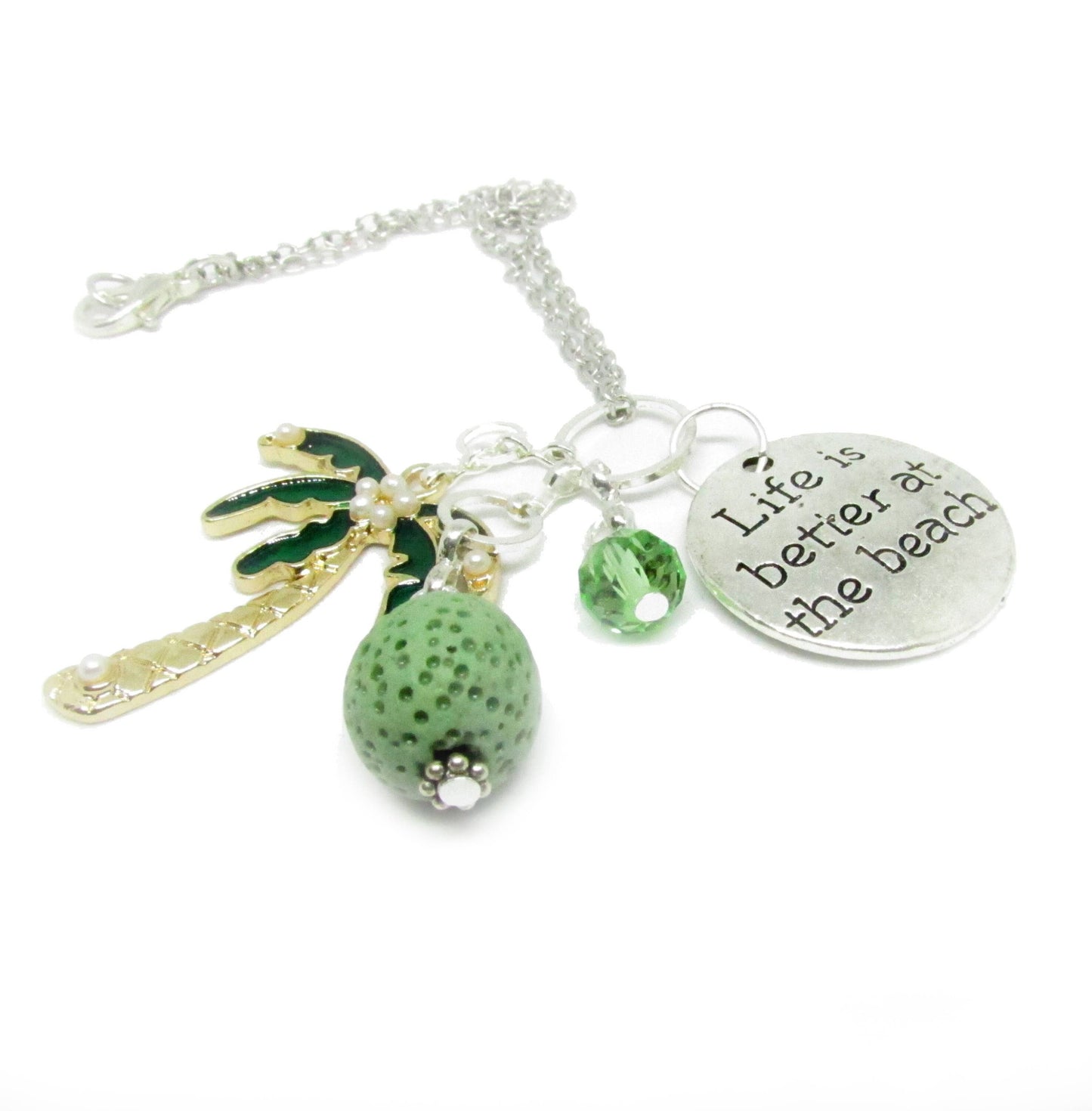 Palm Tree Car Charm – Rhinestone Pendant & Green Lava Bead Diffuser, Tropical Beach Gift