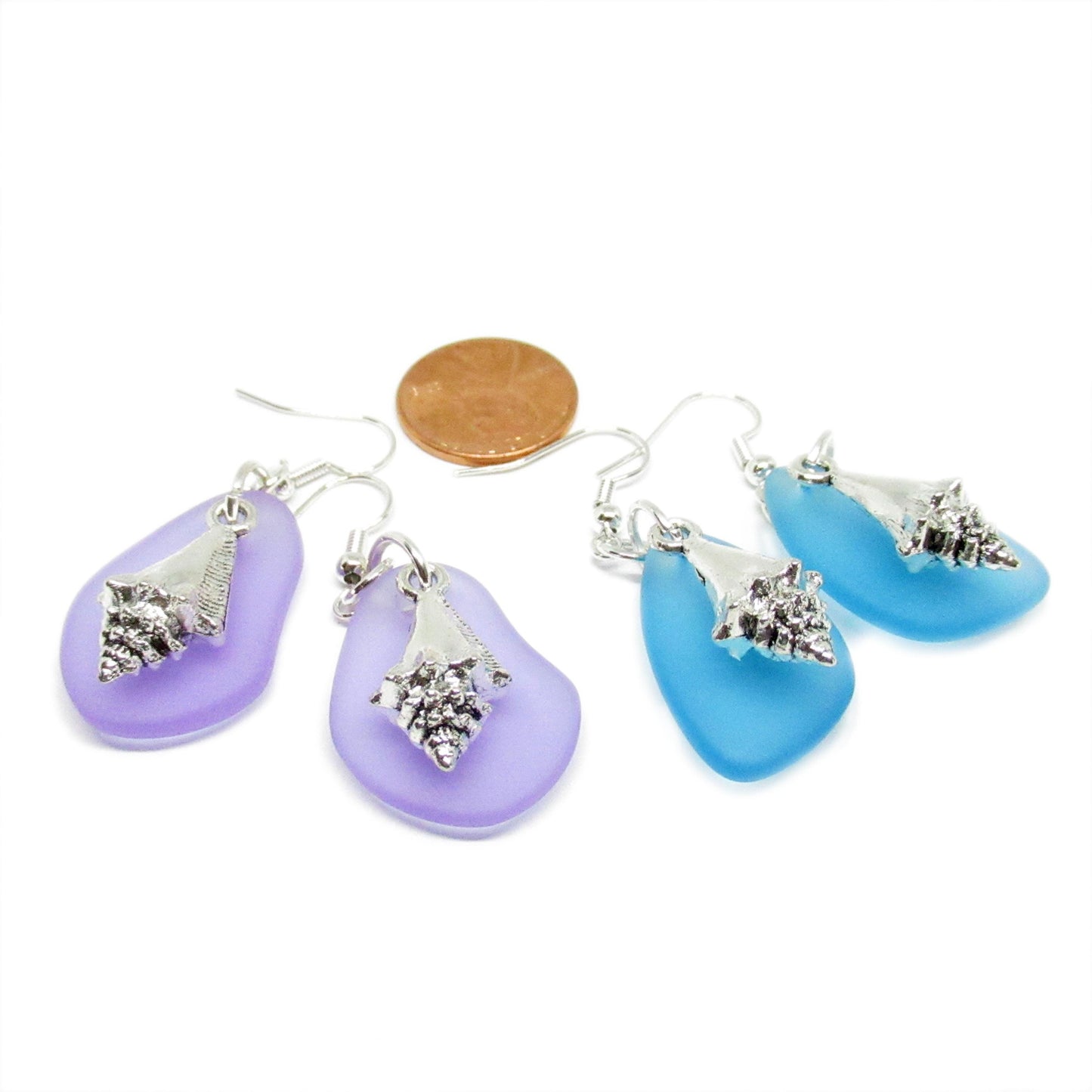 Sea Glass & Seashell Earrings – Purple or Blue Coastal Drop Jewelry, Handmade Beach Gift