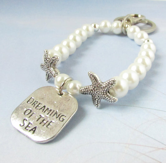 Pearl Bracelet Keychain – Starfish Charms & Beach Quote Wristlet, Elegant Coastal Gift for Her
