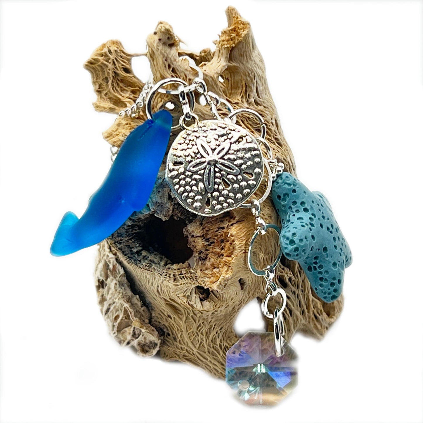 Sea Glass Dolphin Rear View Mirror Charm – Lava Bead Aromatherapy Car Diffuser, Coastal Gift