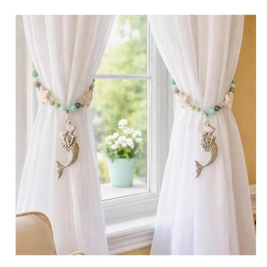 Mermaid and amazonite bead curtain tiebacks shown styled on sheer curtains — handmade coastal beach home decor