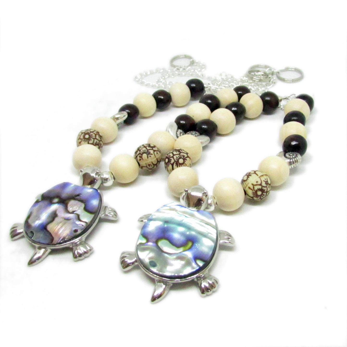 Sea Turtle Curtain Tiebacks – Abalone Shell & Wood Bead Coastal Decor, Handmade Set of 2