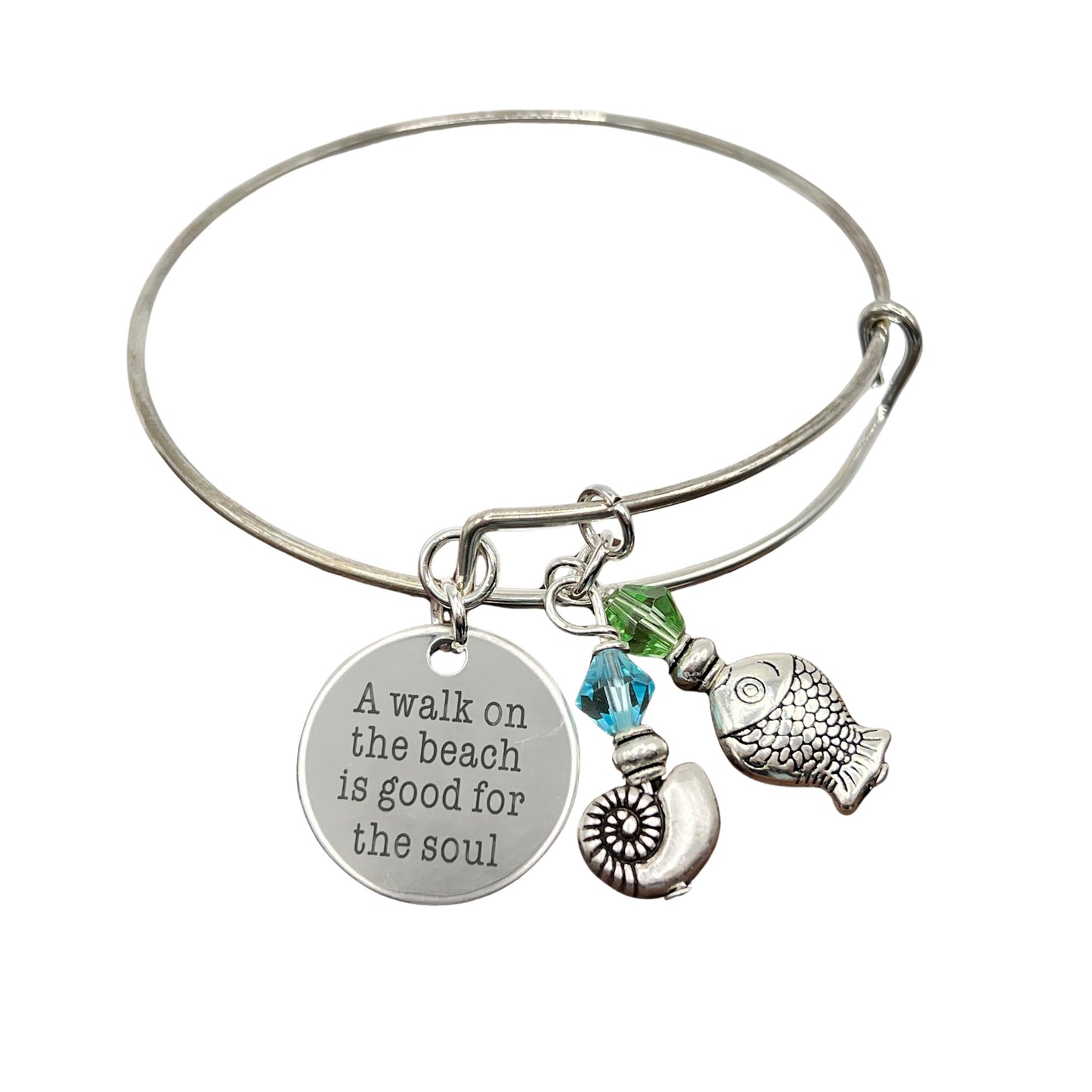 Beach Charm Bangle Bracelet – Inspirational Quote, Snail & Fish Charms, Coastal Gift for Her