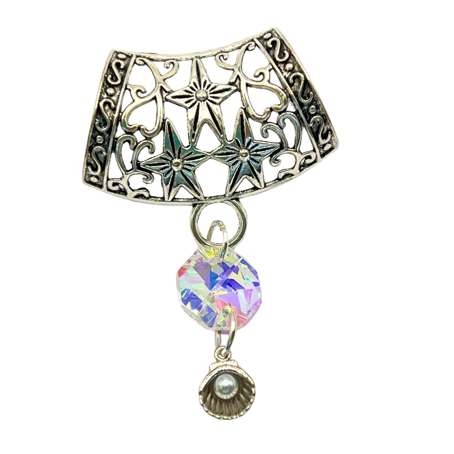 Seashell Scarf Pendant Slide – Silver Shell with Pearl Accent, Beach Scarf Jewelry