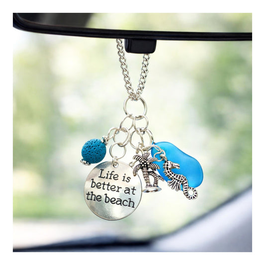 Sea Glass Rear View Mirror Charm – Tropical Beach Car Accessory with Sand Dollar & Sea Turtle