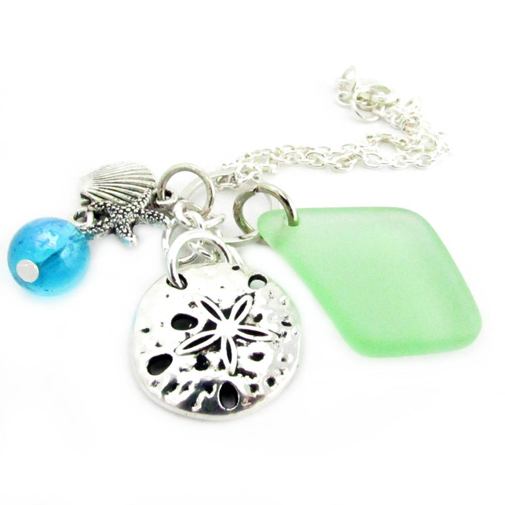 Sea Glass Car Charm with Sand Dollar – Rear View Mirror Lava Bead Diffuser, Ocean Beach Gift