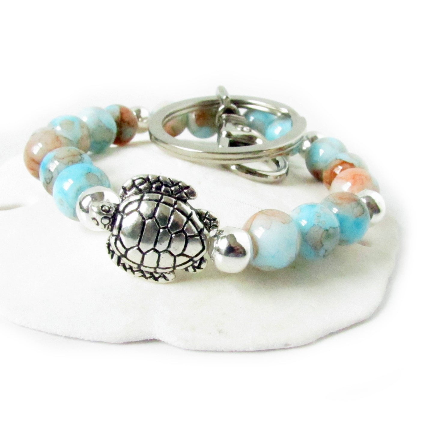 Sea Turtle Keychain Bracelet – Mottled Glass Beads & Silver Charm, Coastal Wristlet Gift