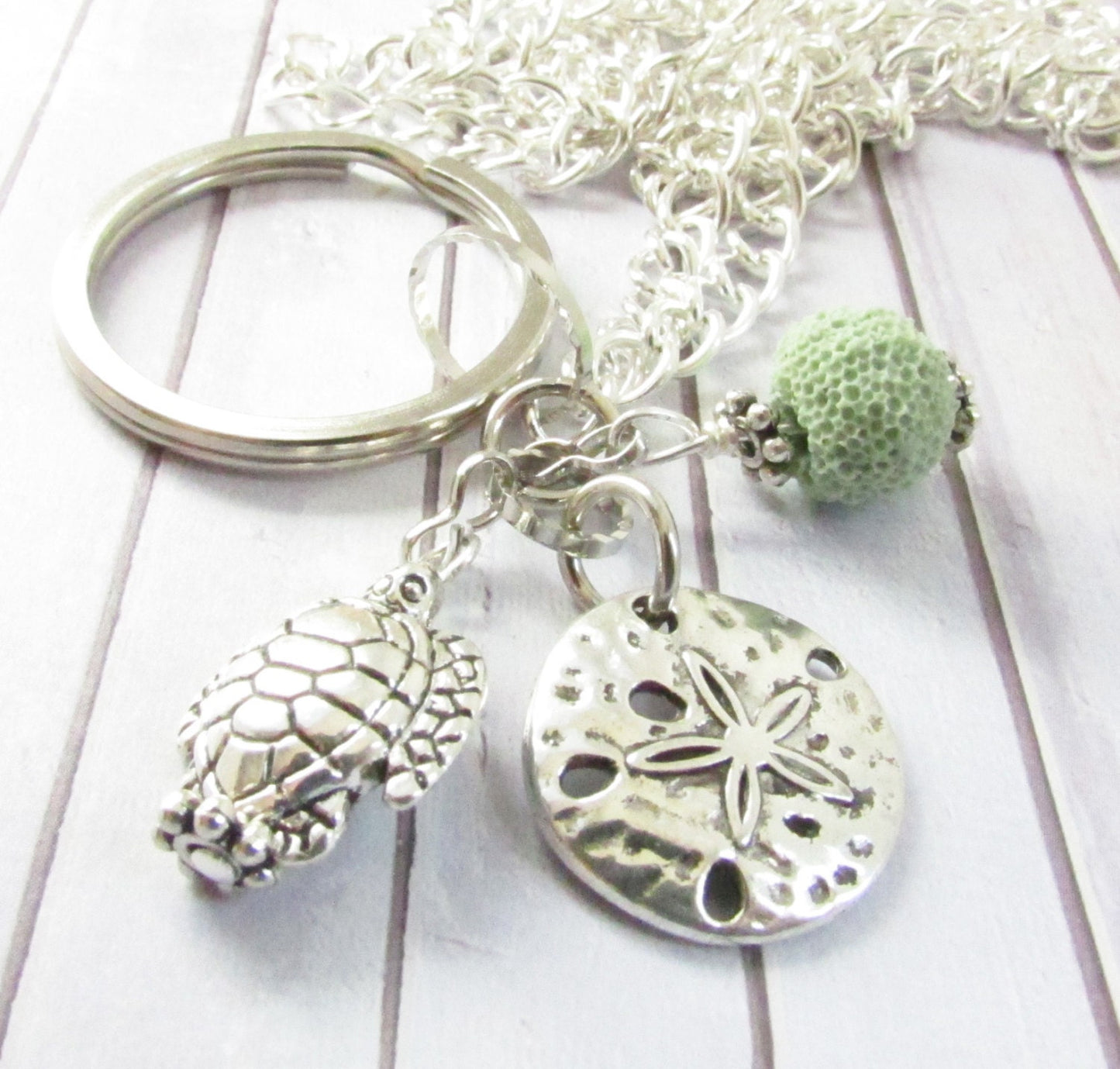 Sea turtle and sand dollar charm lanyard with lava bead, coastal beach lover gift in choice of bead colors
