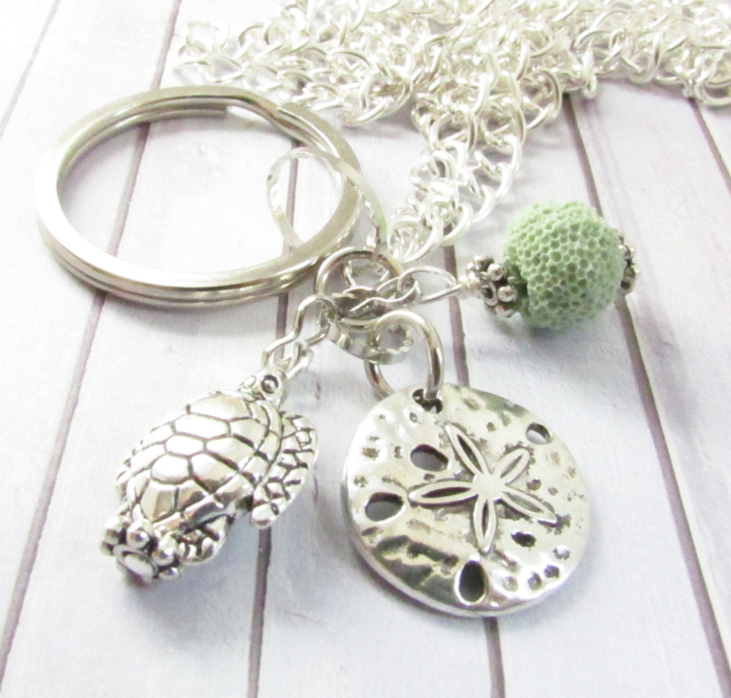 Sea turtle and sand dollar charm lanyard with lava bead, coastal beach lover gift in choice of bead colors