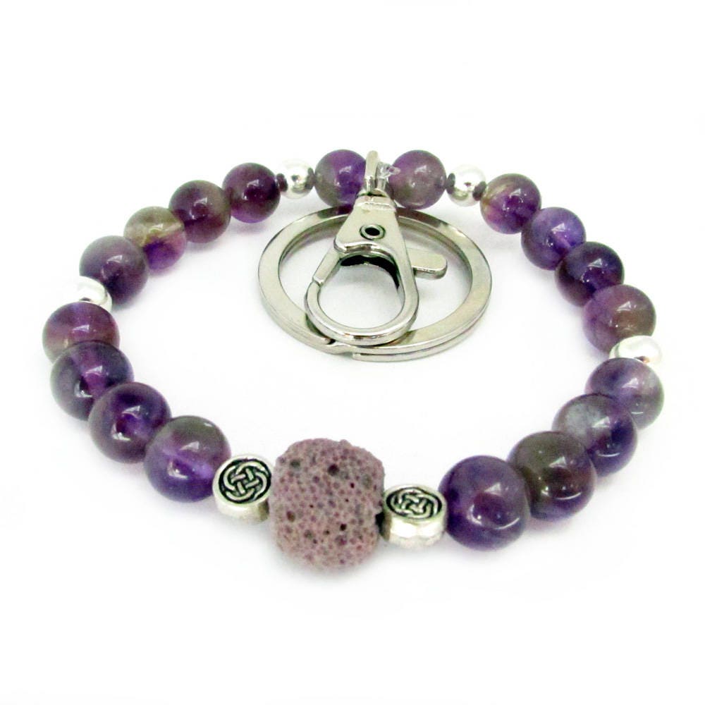 Handmade purple amethyst keychain bracelet with lava bead, boho aromatherapy wristlet with key ring