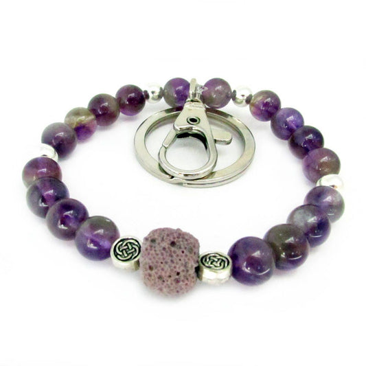 Handmade purple amethyst keychain bracelet with lava bead, boho aromatherapy wristlet with key ring