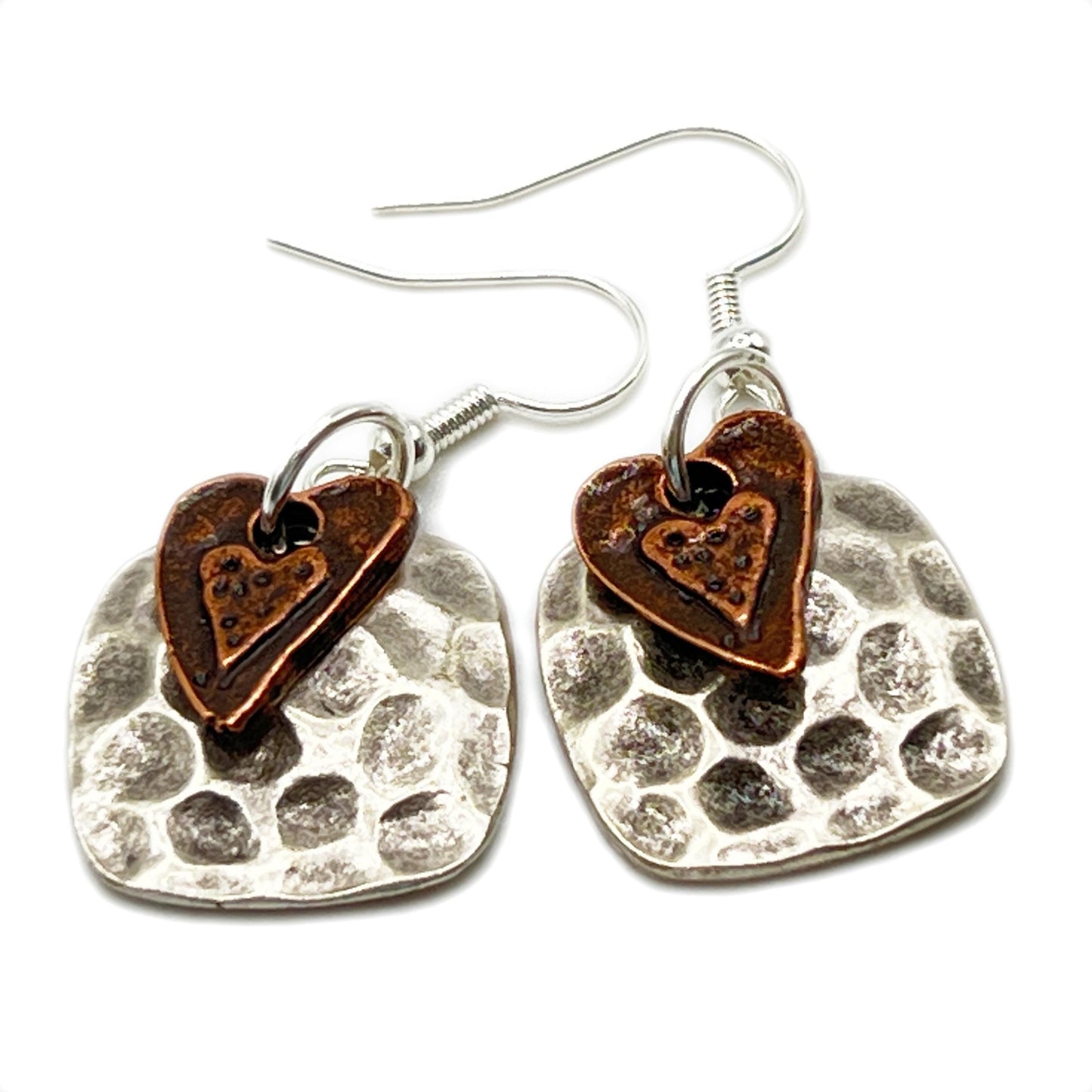 Boho Heart Drop Earrings – Hammered Silver with Copper Detail, Rustic Handmade Jewelry Gift