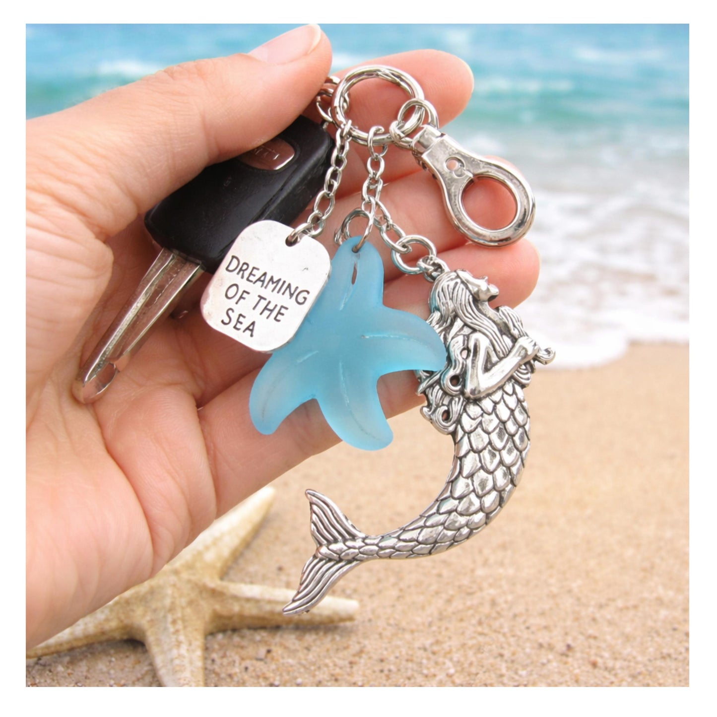 Mermaid Keychain – Sea Glass & Starfish Coastal Keyring, Handmade Beach Gift (Keychain or Car Charm)