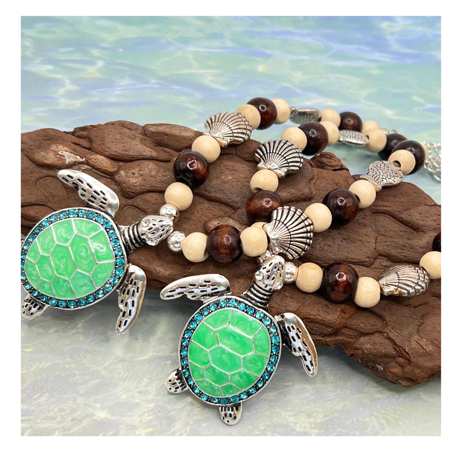 Sea Turtle Curtain Tiebacks – Wood Bead & Shell Coastal Beach Home Decor, Handmade Set of 2