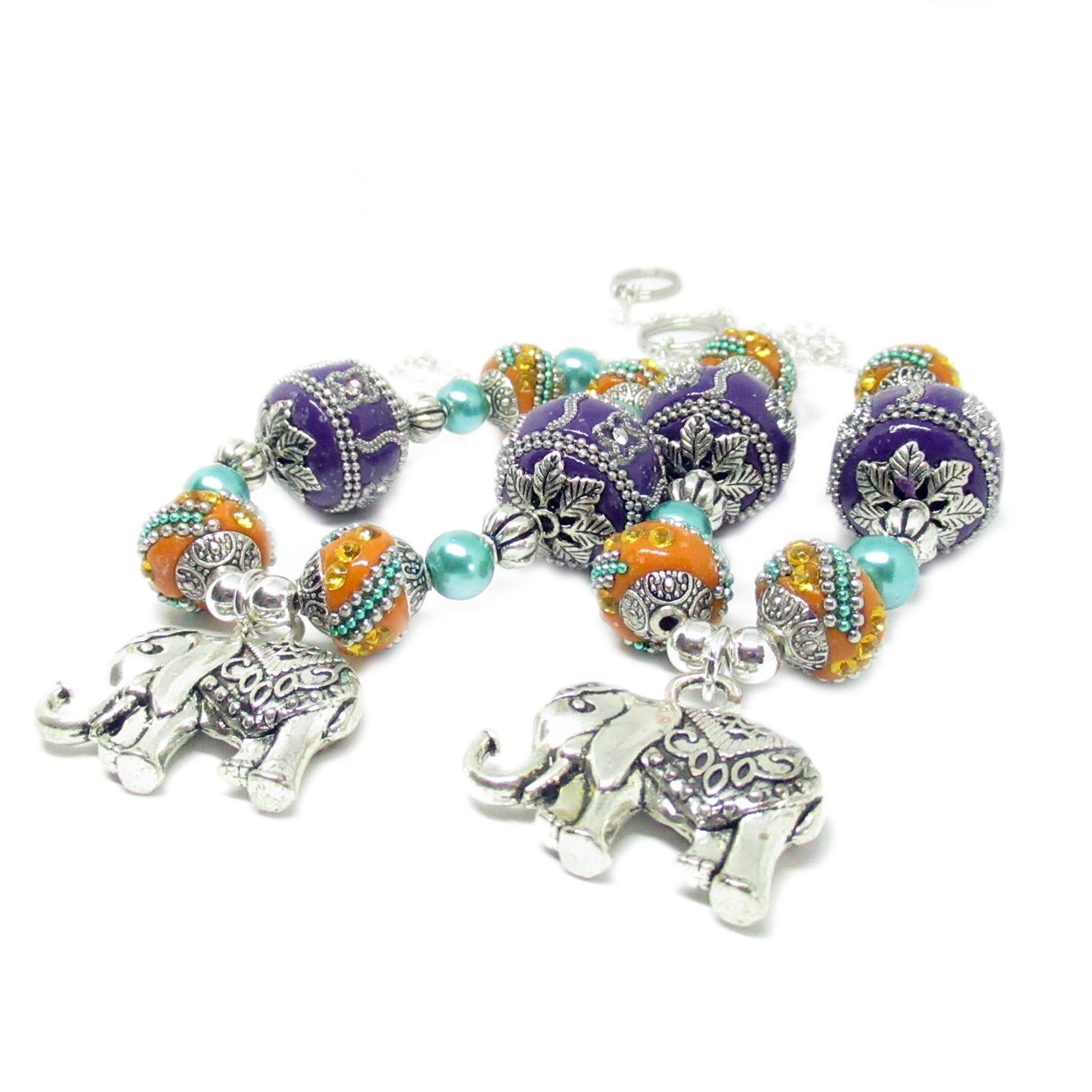 Heavy solid 3D elephant pendant curtain tiebacks with purple orange beads and crystal accents, boho nursery window decor