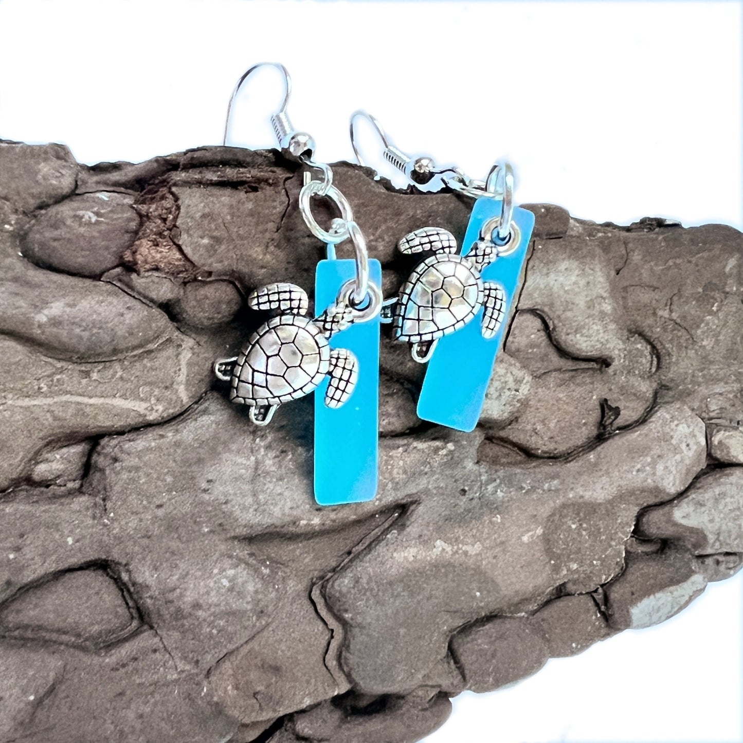 Sea Glass Turtle Dangle Earrings – Beach Wedding Jewelry in Yellow or Blue, Coastal Gift