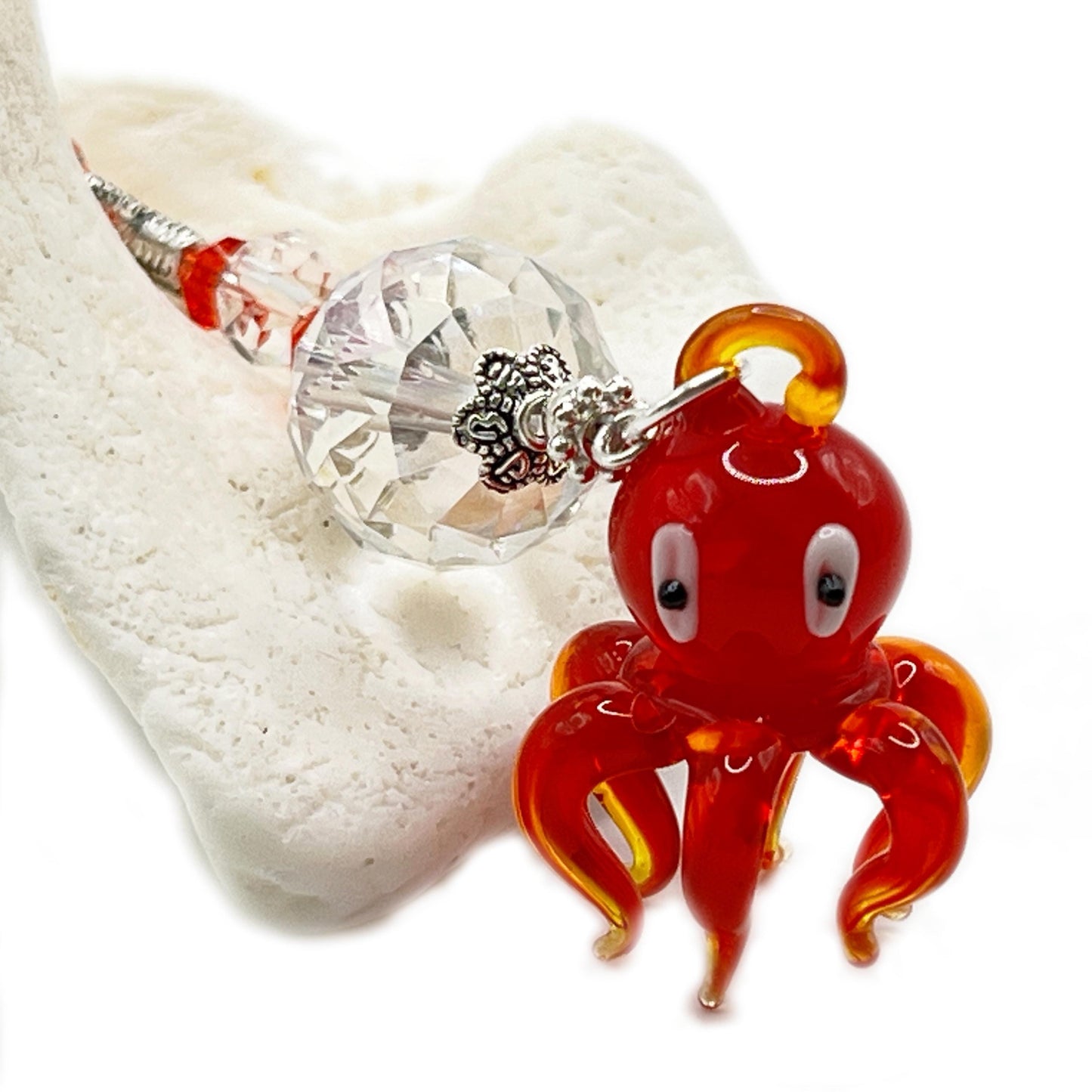 Octopus Car Charm – Red Glass Rear View Mirror Sun Catcher, Handmade Ocean Beach Gift