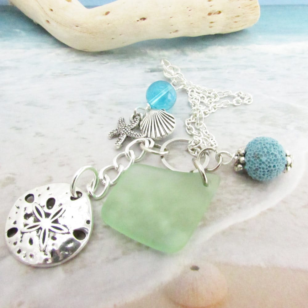 Sea Glass Car Charm with Sand Dollar – Rear View Mirror Lava Bead Diffuser, Ocean Beach Gift