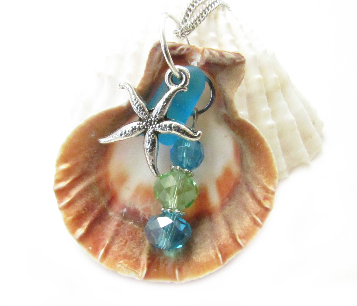 Sea Shell Rearview Mirror Charm: Starfish, Sea Glass & Crystal Car Ornament