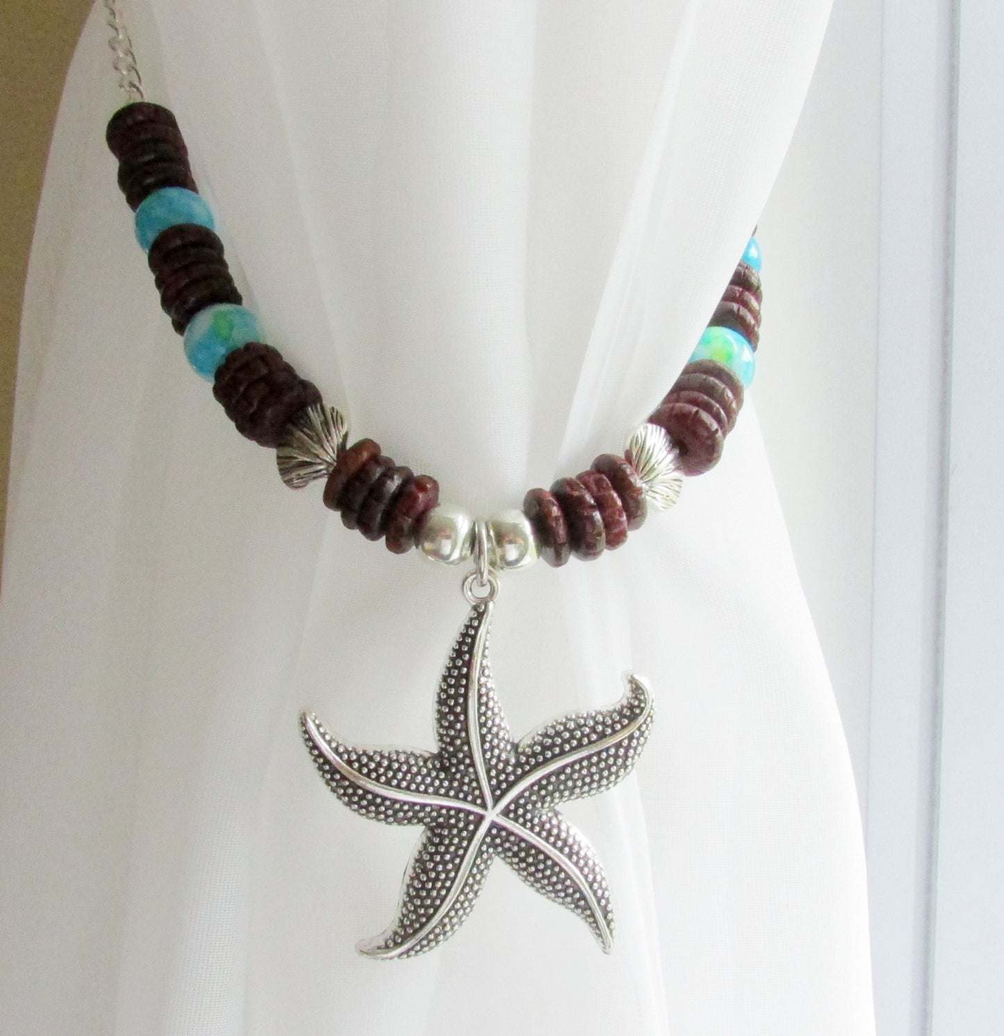 Starfish Curtain Tiebacks – Rustic Wood Bead & Sea Blue Nautical Beach Home Decor (Set of 2)