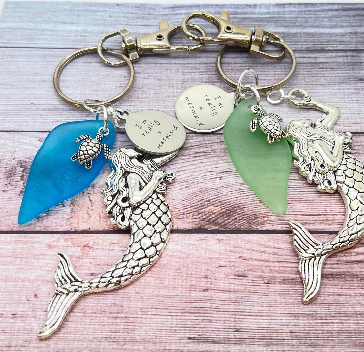 Mermaid Keychain – Sea Glass Charm in Blue or Green, Beach Gift for Women (Keychain or Car Charm)