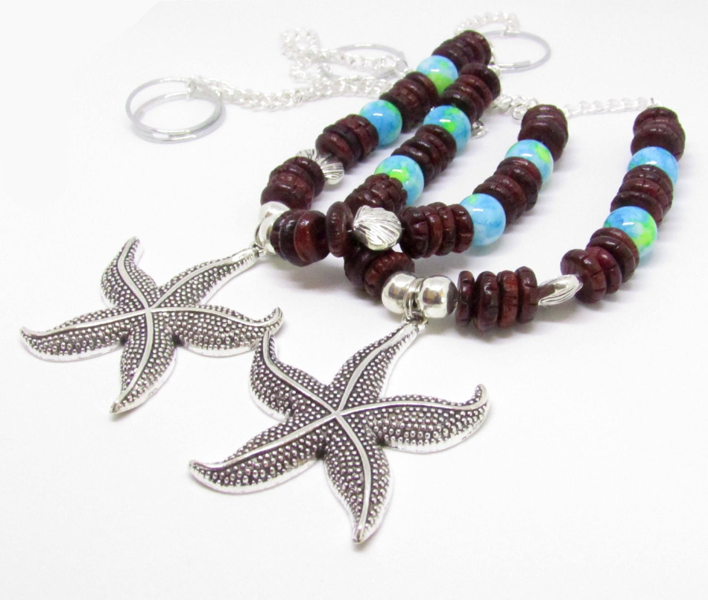 Starfish Curtain Tiebacks – Rustic Wood Bead & Sea Blue Nautical Beach Home Decor (Set of 2)