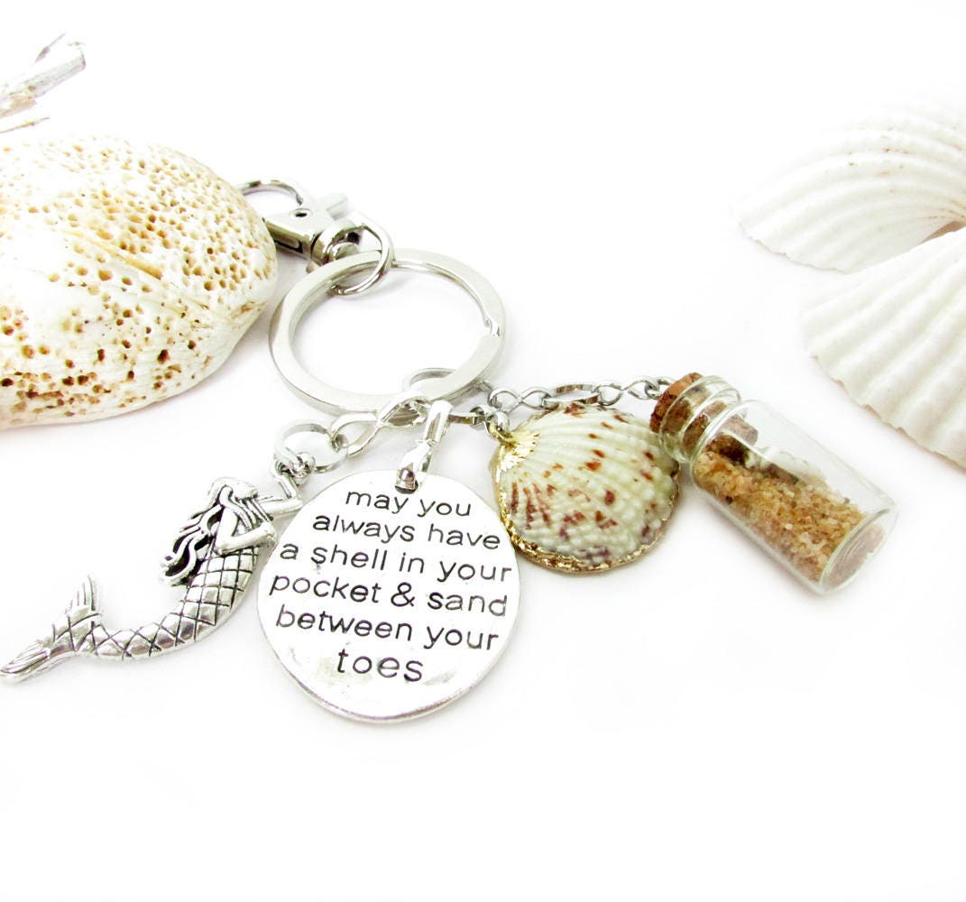 Beach sand bottle keychain with mermaid charm and gold-edged shell, available as keychain or car charm