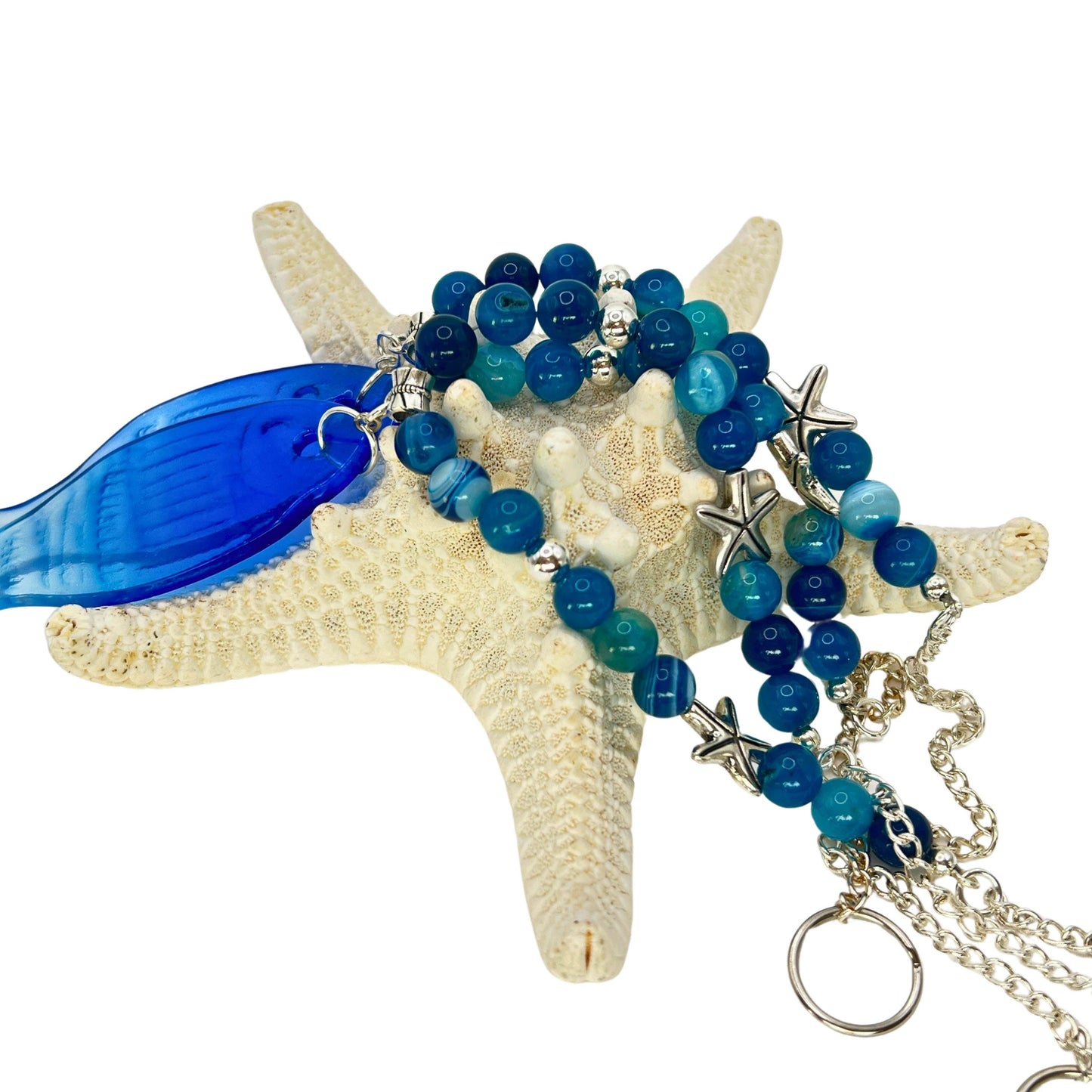 Blue Glass Fish Curtain Tiebacks – Ombre Beaded Nautical Beach Home Decor, Handmade Set of 2