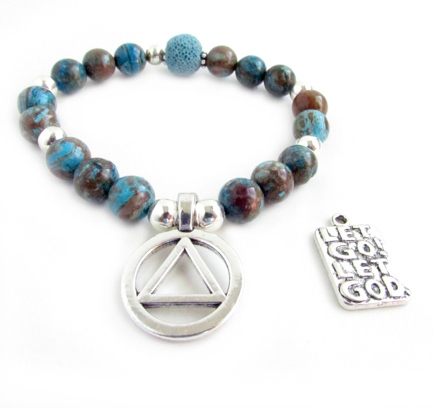 AA Sobriety Bracelet – Blue Crazy Lace Agate & Lava Bead Recovery Jewelry with AA Symbol or Let Go Let God Charm
