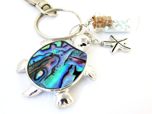 Abalone Sea Turtle Keychain – Beach Bottle & Starfish Charm, Coastal Gift for Ocean Lovers