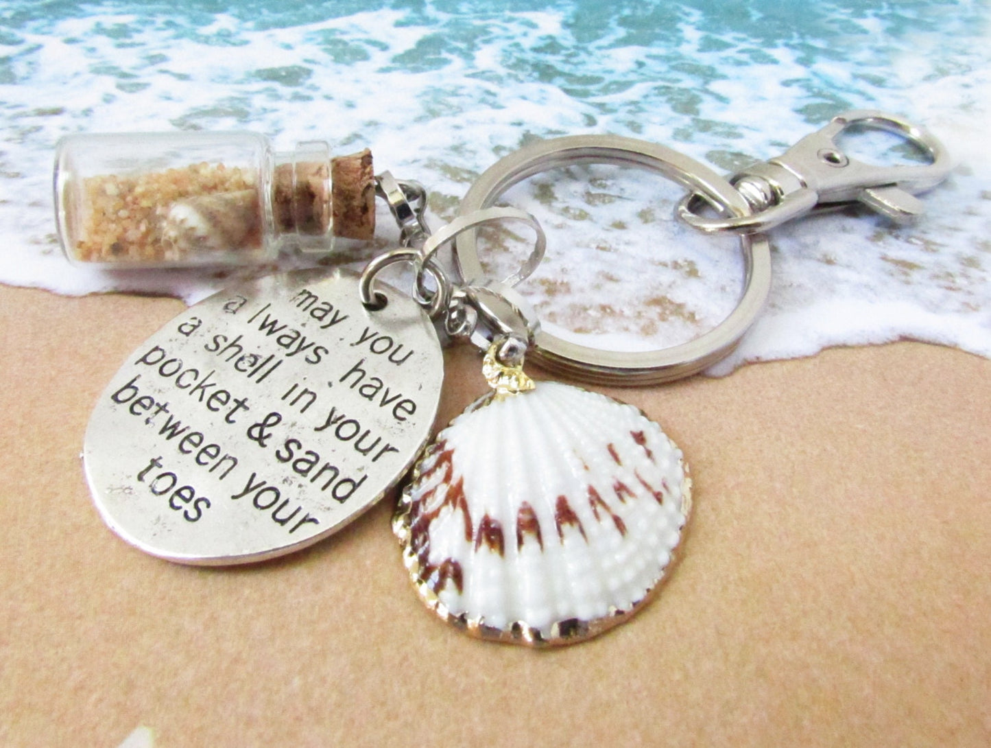 Seashell Keychain – Mermaid Charm, Beach Sand Bottle & Quote (Keychain or Car Charm)