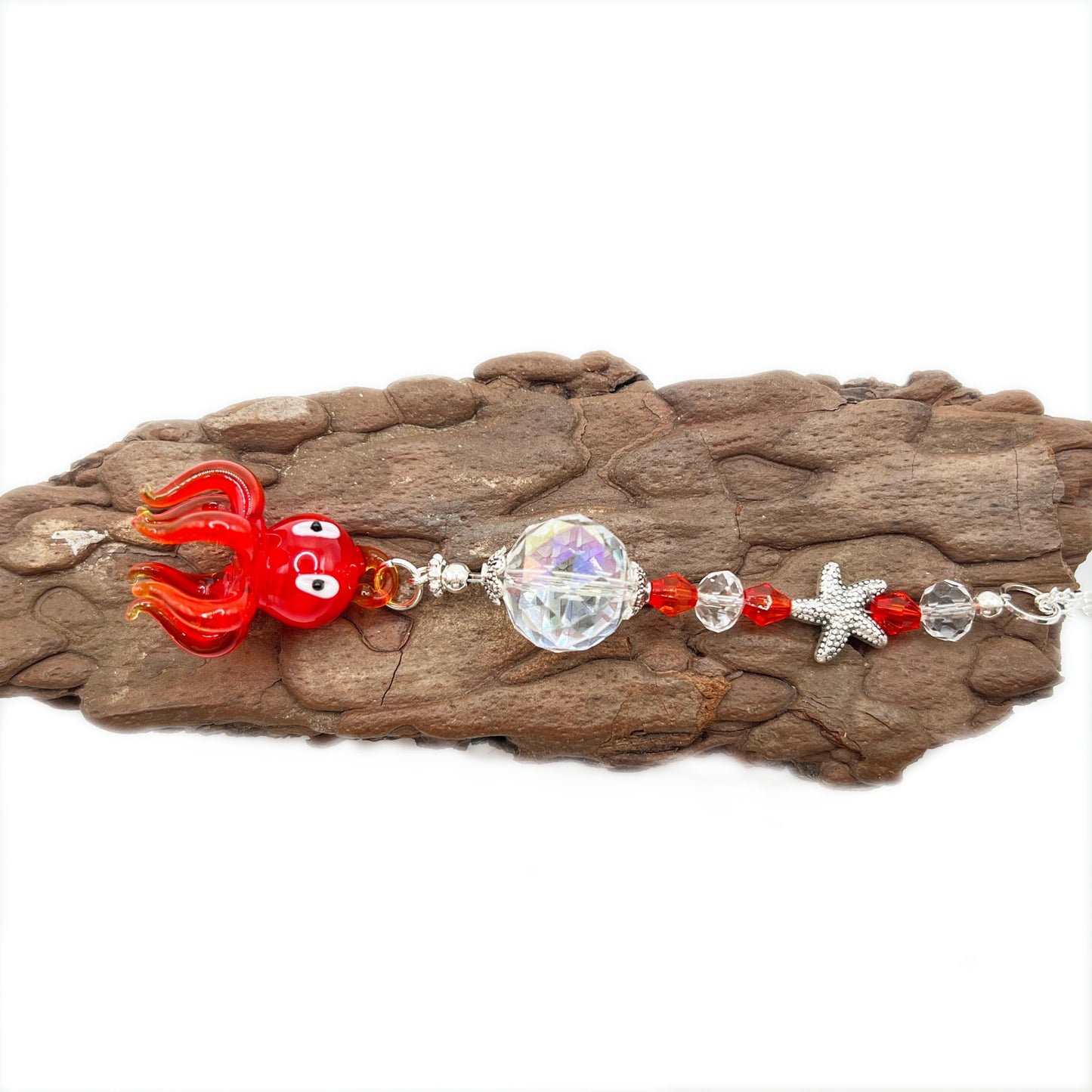 Octopus Car Charm – Red Glass Rear View Mirror Sun Catcher, Handmade Ocean Beach Gift