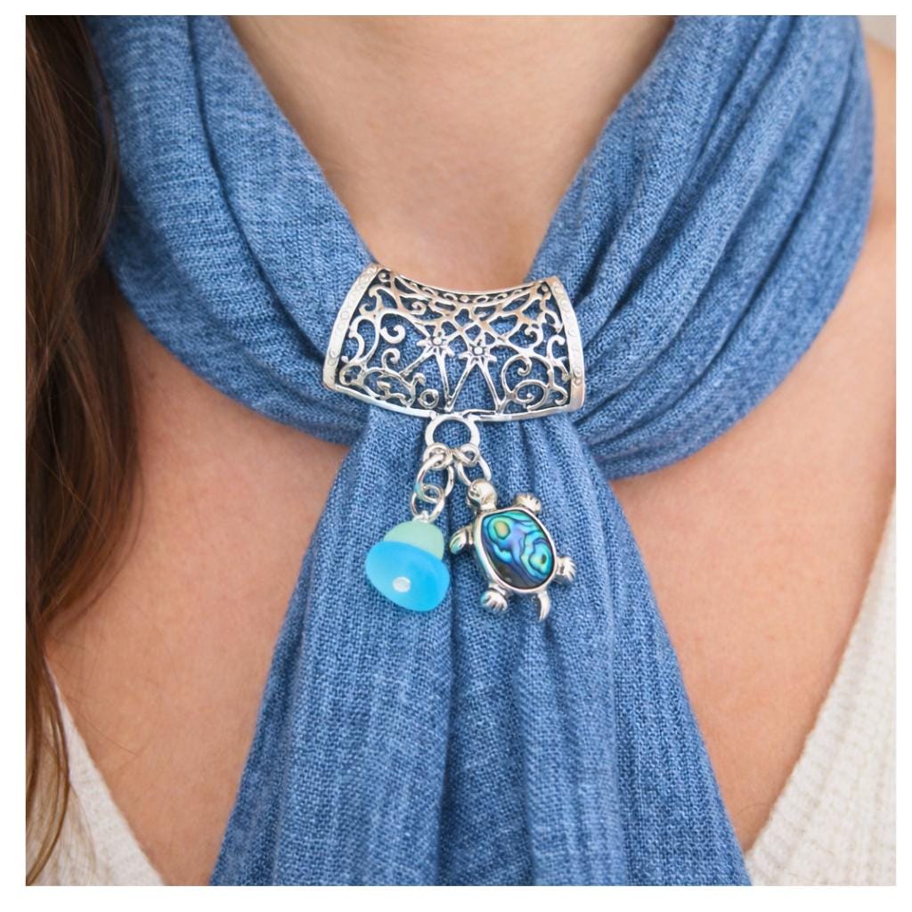 Abalone shell sea turtle scarf slide with tumbled sea glass chip beads, coastal scarf jewelry
