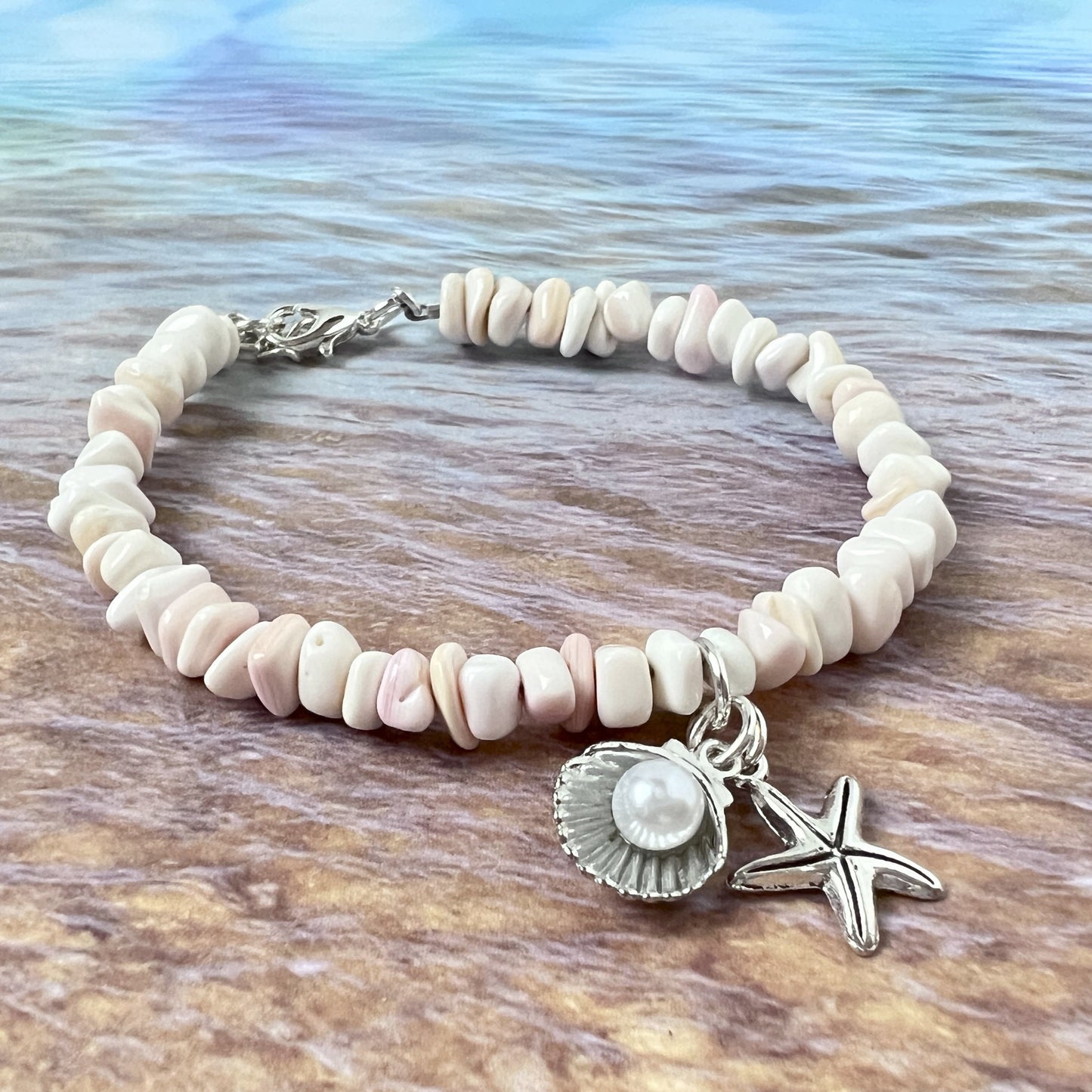 Pink Shell Bracelet – Starfish Charm & Pearl Beads, Natural Coastal Beach Jewelry for Her