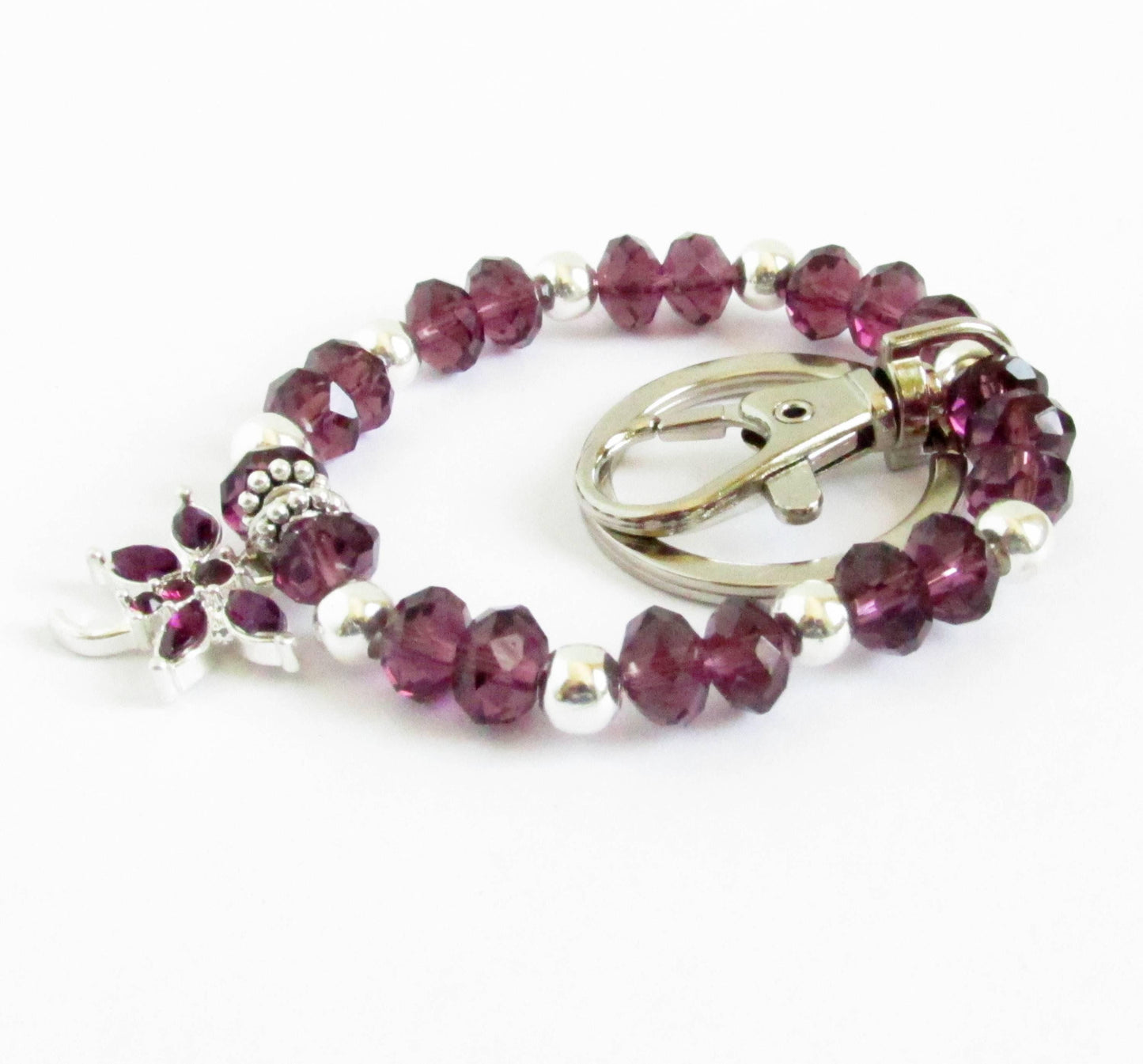 Purple Dragonfly Crystal Keychain Bracelet – Beaded Wrist Lanyard, Handmade Gift for Her