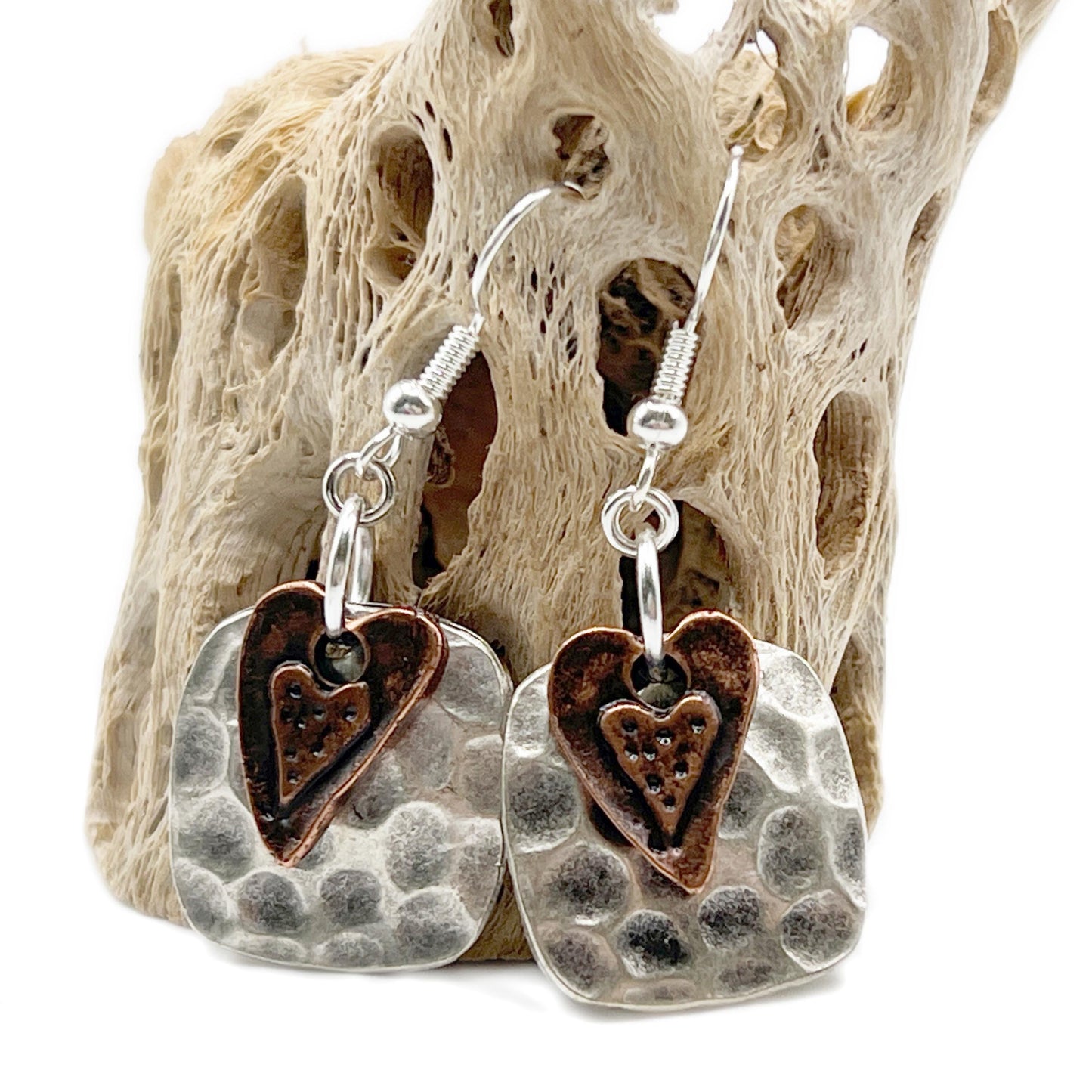 Boho Heart Drop Earrings – Hammered Silver with Copper Detail, Rustic Handmade Jewelry Gift
