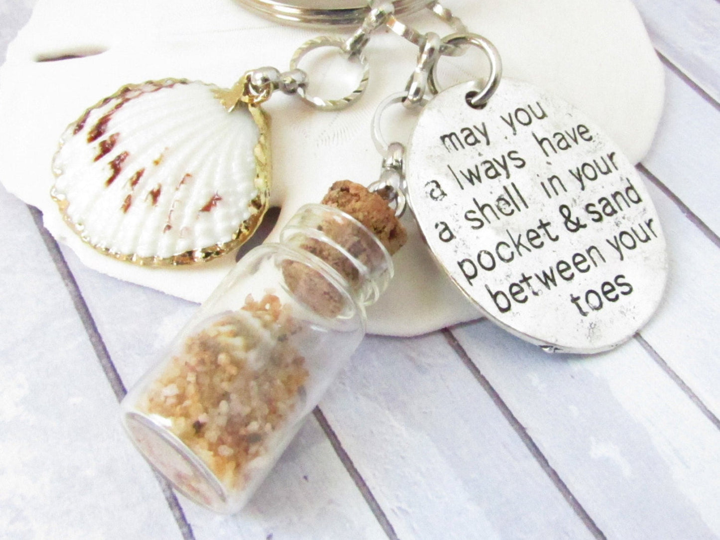 Seashell Keychain – Mermaid Charm, Beach Sand Bottle & Quote (Keychain or Car Charm)