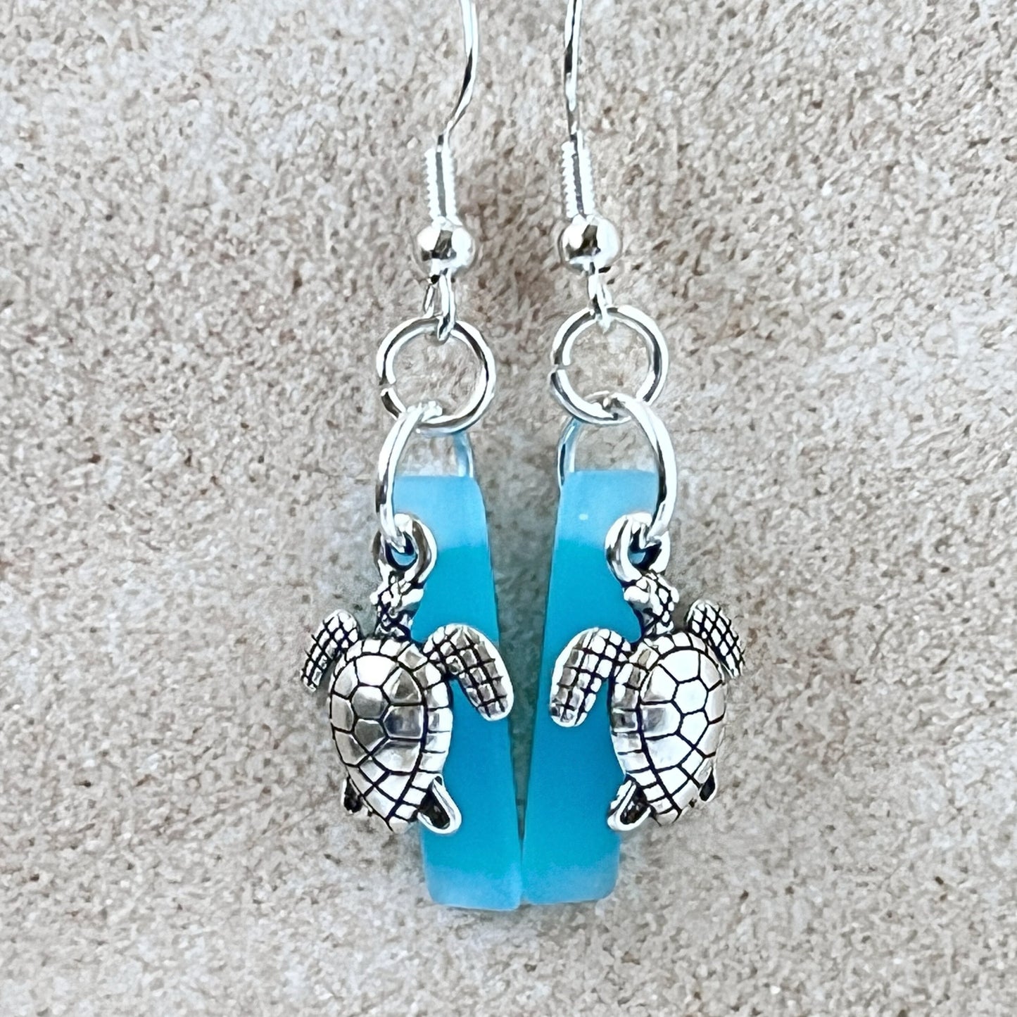 Sea Glass Turtle Dangle Earrings – Beach Wedding Jewelry in Yellow or Blue, Coastal Gift
