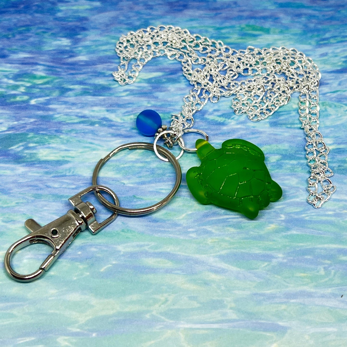 Sea Turtle Eyeglass Lanyard – Green Glass Turtle Necklace Chain & ID Badge Holder, Coastal Gift