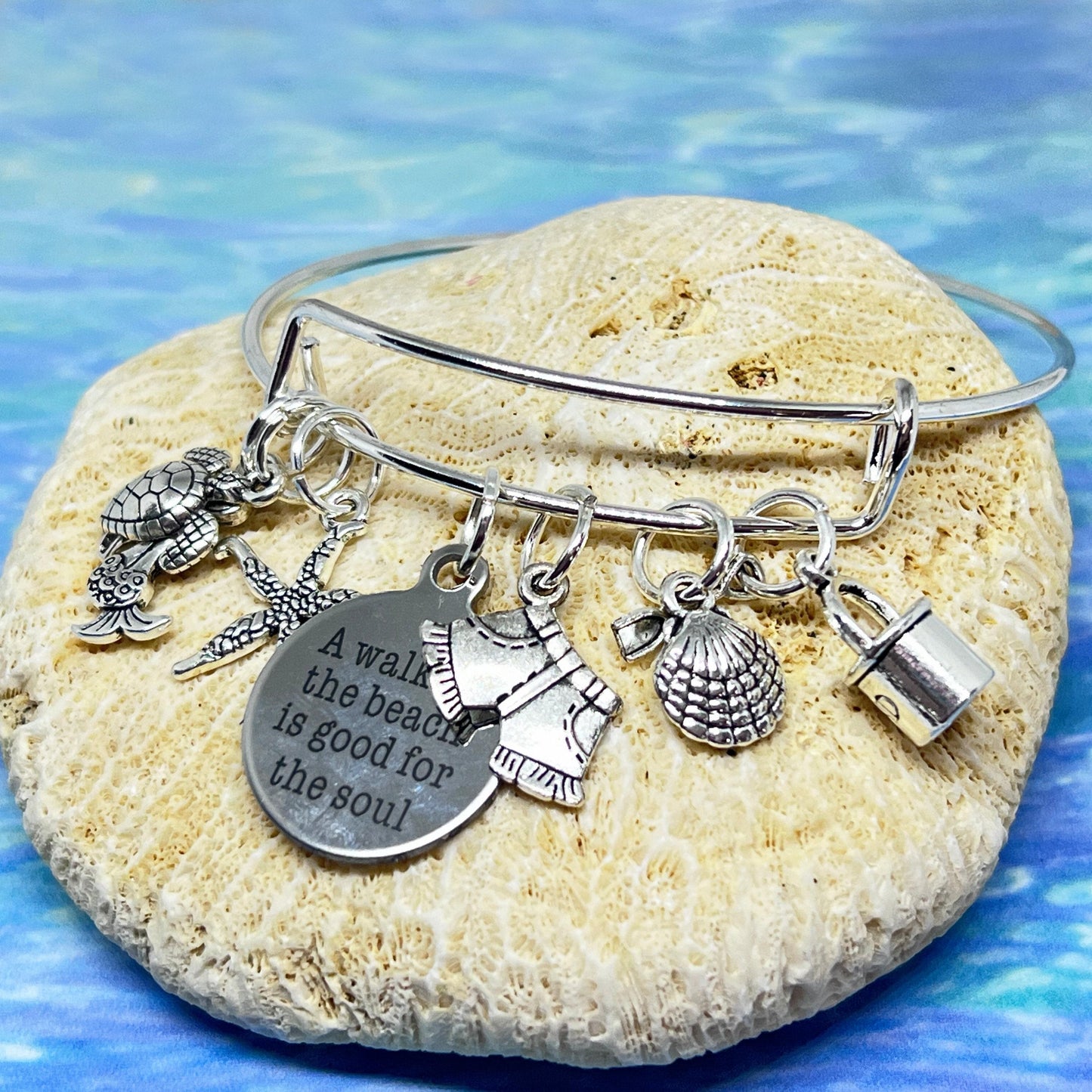 Beach Charm Bangle Bracelet – Sea Turtle, Mermaid & Starfish Ocean Jewelry, Coastal Gift
