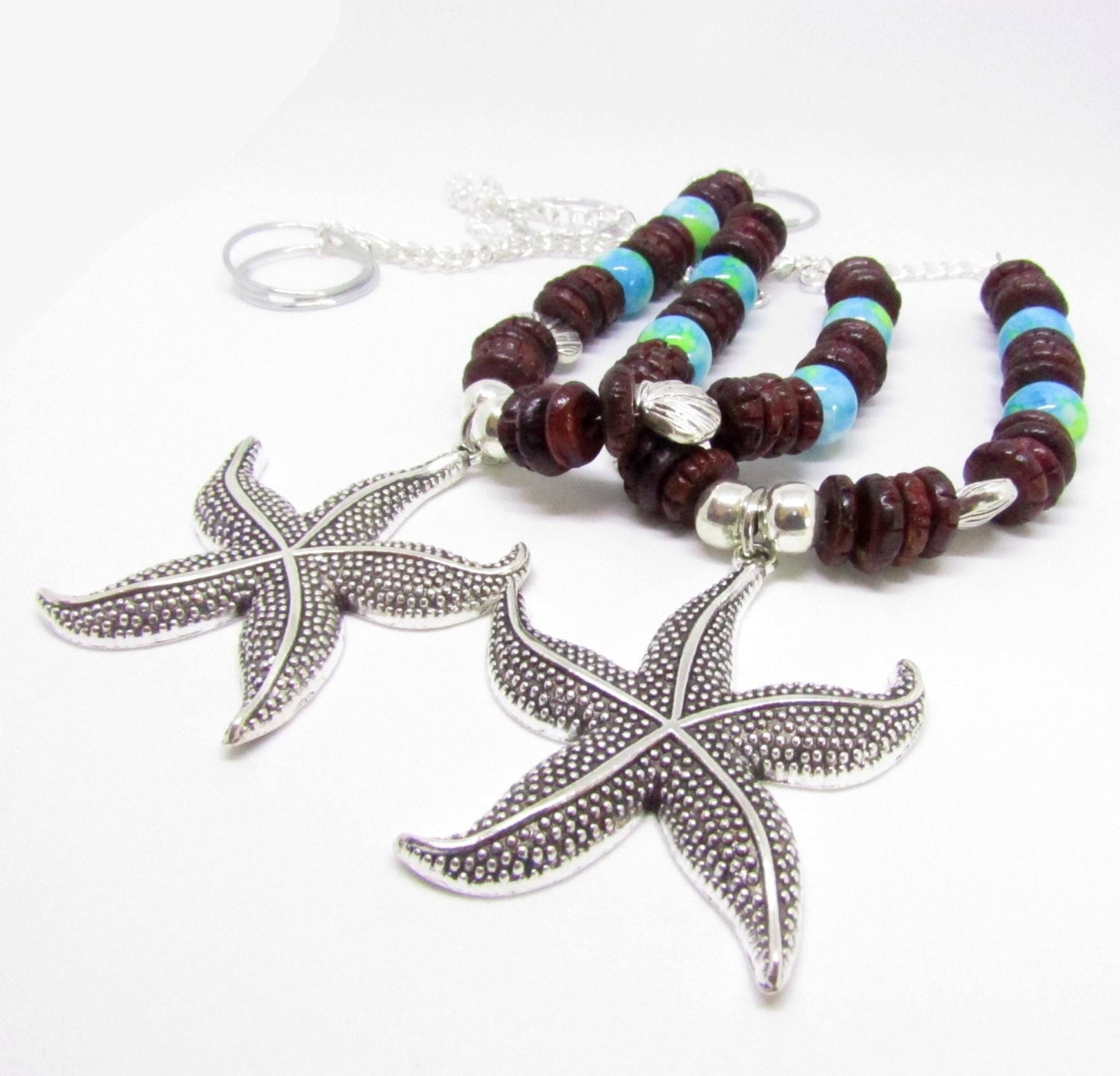 Starfish Curtain Tiebacks – Rustic Wood Bead & Sea Blue Nautical Beach Home Decor (Set of 2)
